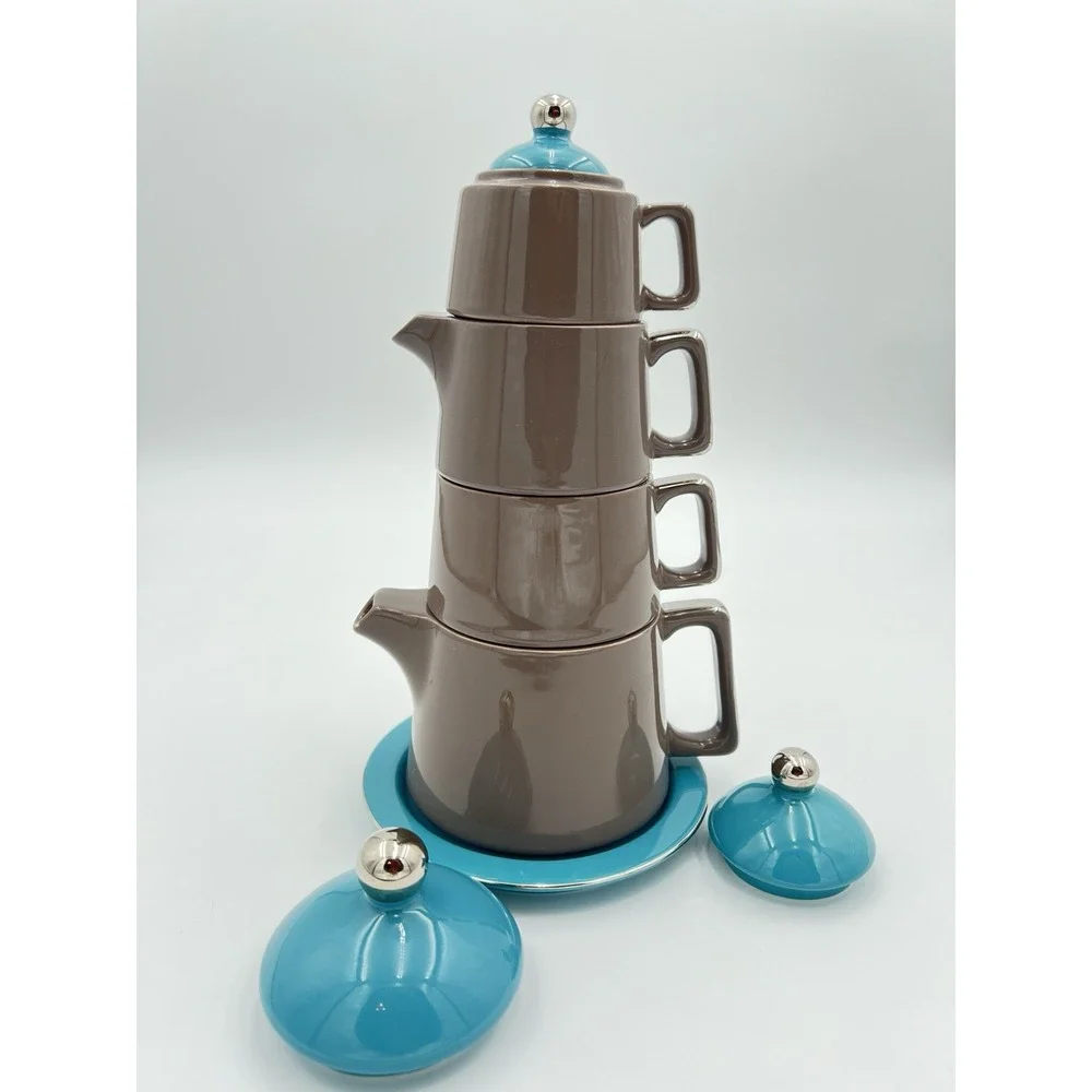 Vintage Stacking Espresso Coffee Set (Turquoise/Brown)
